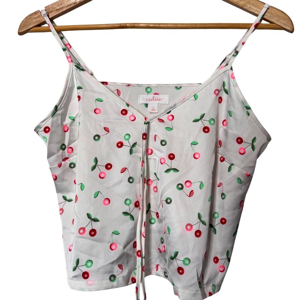 Colsie Cherry Print Cami Top White Red Green V-Neck Tie Front Size S 144